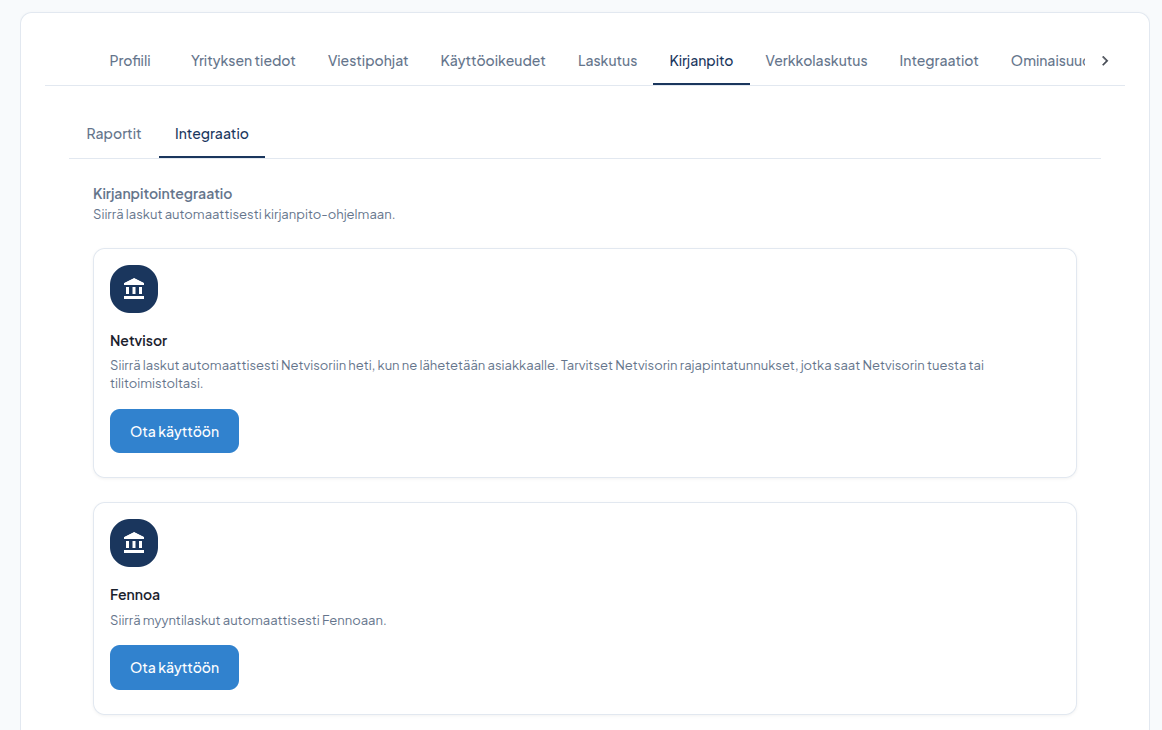 Kirjanpitointegraation asetukset Verstaanissa: Netvisor ja Fennoa, kummassakin Ota käyttöön -painike