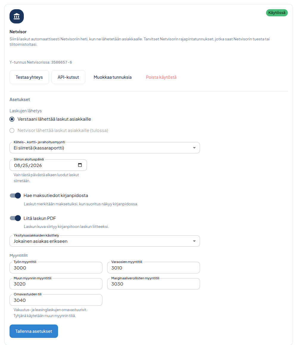 Netvisor-integraation asetukset Verstaanissa: laskujen lähetys, käteis- ja korttimyynnin käsittely, siirron aloituspäivä, maksutietojen haku, laskun PDF:n liittäminen ja myyntitilit