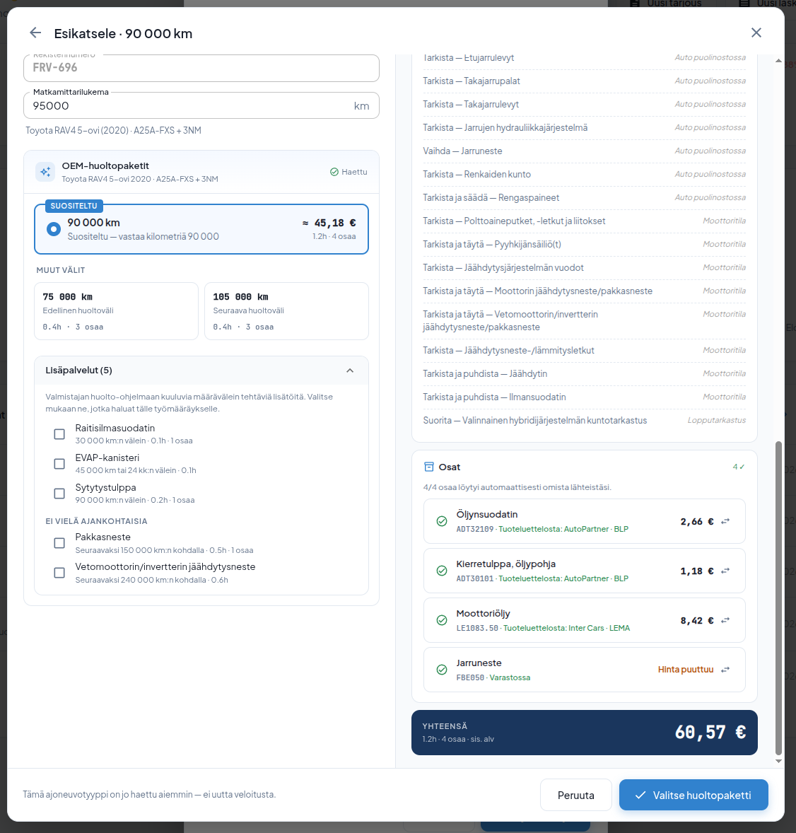 OEM-huoltopaketin osat hintoineen ja huollon kokonaissumma Verstaanissa