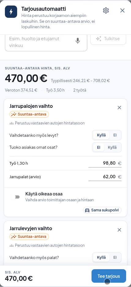 Tarjousautomaatti puhelimella: suuntaa-antava hinta 470,00 €, tyypillinen hintahaarukka ja arvioitu työaika 3,50 h